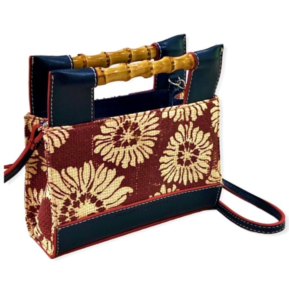 Tommy Hilfiger MINI Woven Straw Sunflowers Bamboo Handle Handbag Maroon Navy 7"